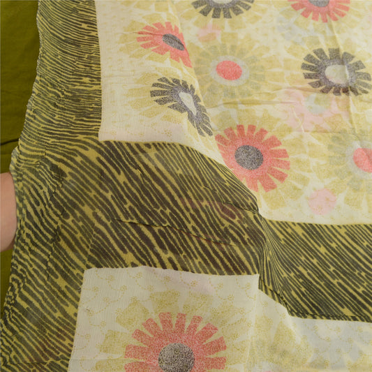 Sanskriti Vintage Sarees Elfenben 100% Ren Georgette Silke Print Sari Håndværk Bæredygtigt Stoff