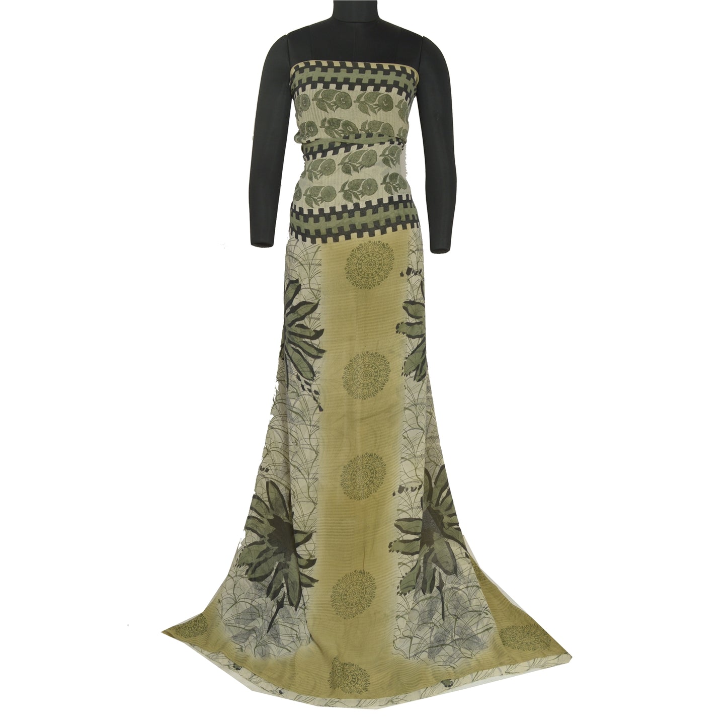 Sanskriti Vintage Sarees Pastel Lime-Green Pure Georgette Printed Sari Sustainable Fabric