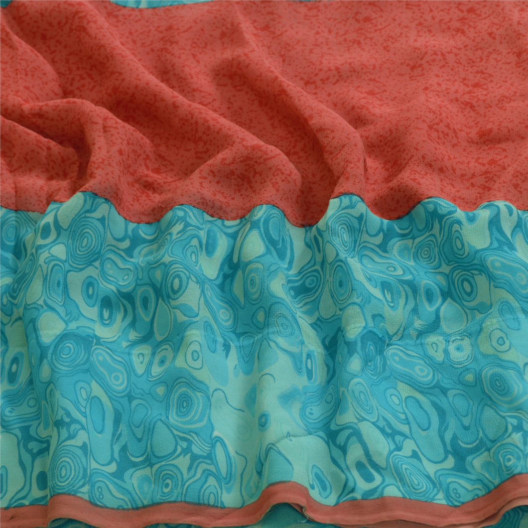 Sanskriti Vintage Sarees Blue/Red Printed Pure Georgette Silk Sari Craft Fabric