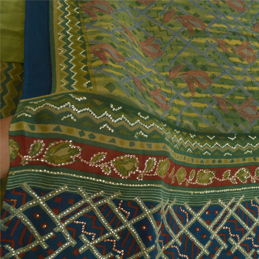Sanskriti Vintage Sarees Green Hand Beaded Pure Georgette Silk Print Sari Sustainable Fabric