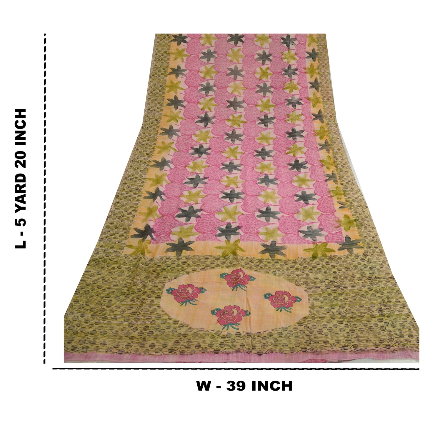 Sanskriti Vintage Sarees Pink/Green Printed Pure Georgette Silk Sari 5yd Sustainable Fabric