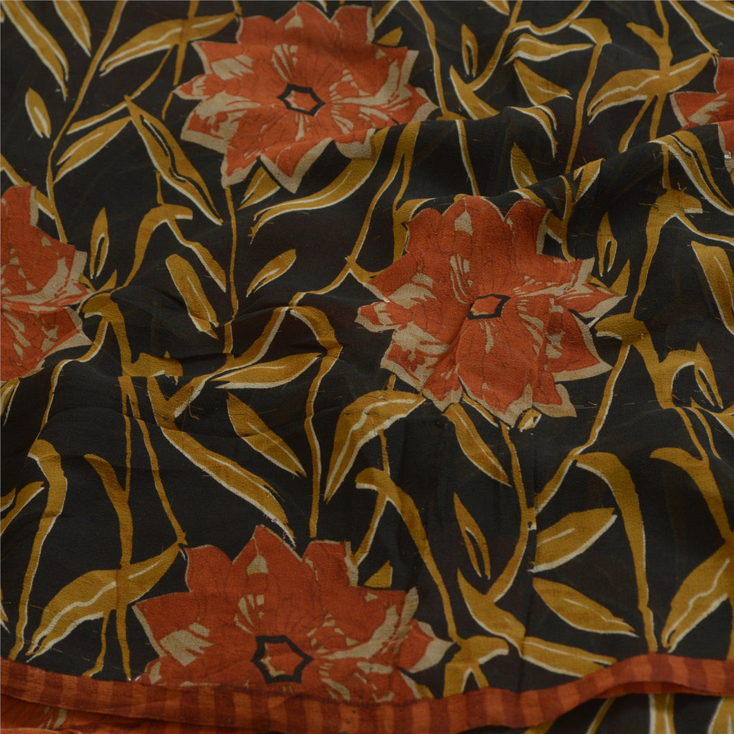 Sanskriti Vintage Sarees Black/Orange Printed Pure Georgette Silk Sari Fabric