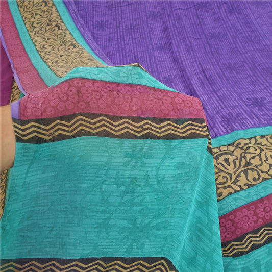 Sanskriti Vintage Sarees Purple Pure Georgette Silk Printed Sari Craft Sustainable Fabric