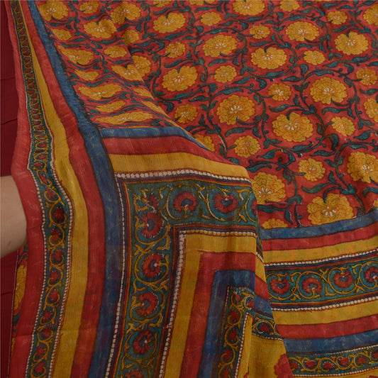 Sanskriti Vintage Sarees Red/Yellow Pure Chiffon Silk Printed Sari Craft Sustainable Fabric