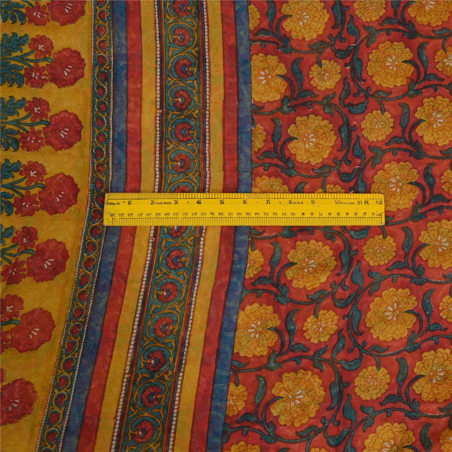 Sanskriti Vintage Sarees Red/Yellow Pure Chiffon Silk Printed Sari Craft Sustainable Fabric