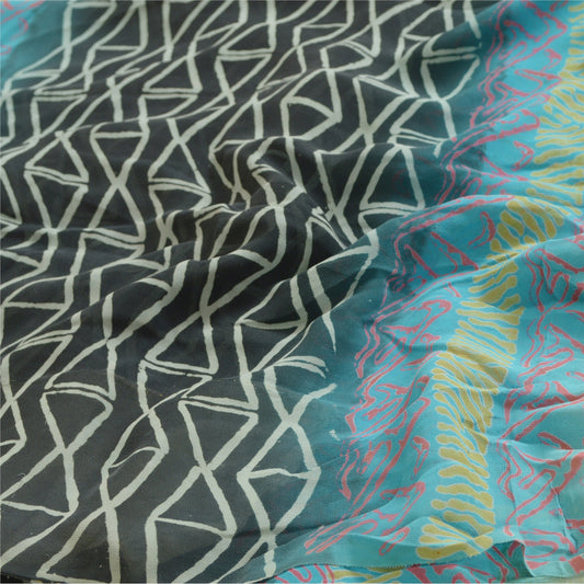 Sanskriti Vintage Sarees Black/Blue Printed Pure Georgette Silk Sari 5yd Sustainable Fabric