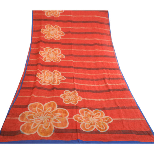 Sanskriti Vintage Sarees Red 100% Pure Georgette Silk Printed Sari Craft Sustainable Fabric
