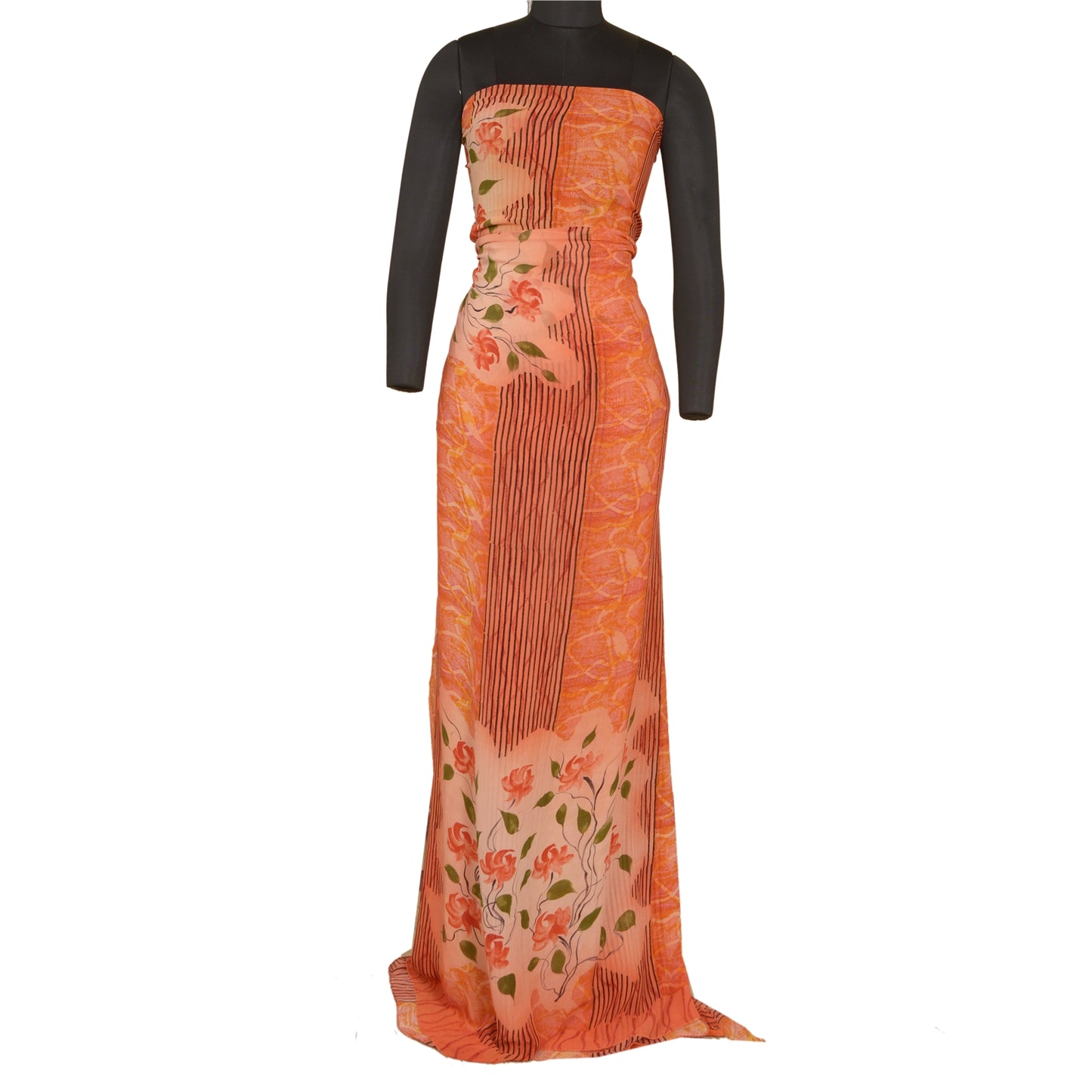 Sanskriti Vintage Sarees Orange Pure Georgette Silk Printed Sari Craft Sustainable Fabric