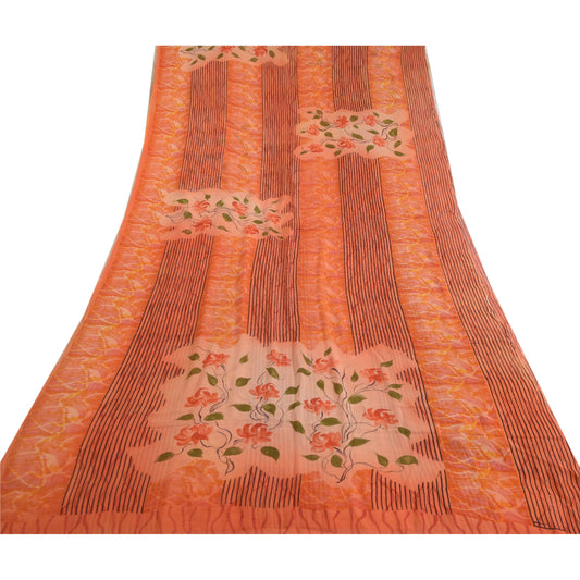 Sanskriti Vintage Sarees Orange Pure Georgette Silk Printed Sari Craft Sustainable Fabric