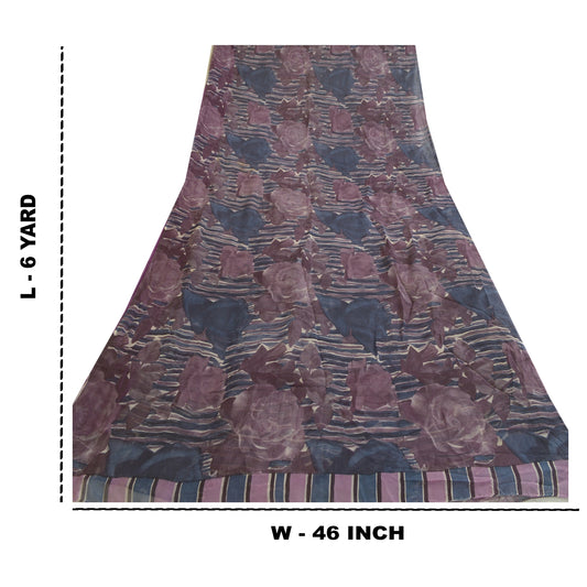 Sanskriti Vintage Sarees Purple Pure Georgette Silk Printed Sari Craft Sustainable Fabric