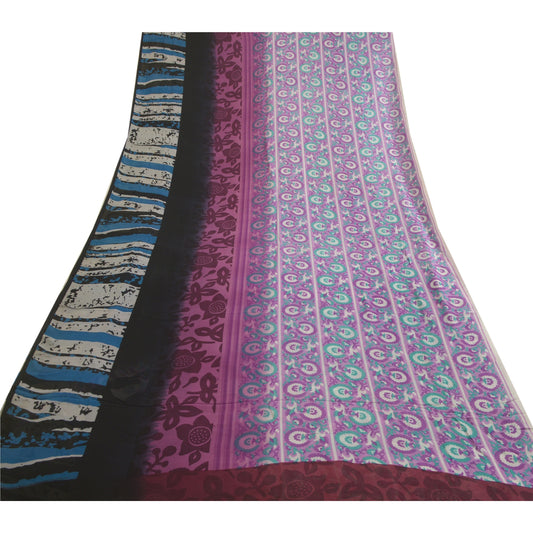 Sanskriti Vintage Sarees Purple Pure Georgette Silk Printed Sari Craft Sustainable Fabric