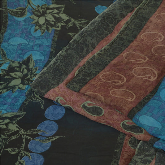 Sanskriti Vintage Sarees Blue/Brown Pure Georgette Silk Print Sari Craft Sustainable Fabric