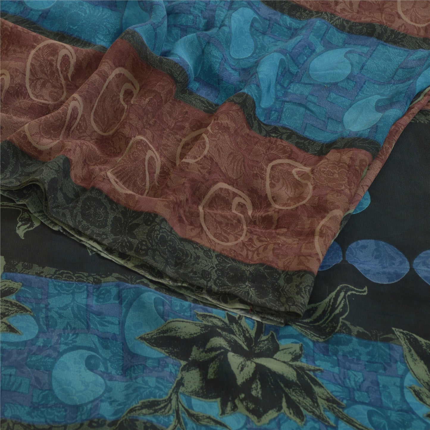 Санскритские винтажные сари сине-коричневые, чистый шелк жоржет, сари с принтом, ремесло, устойчивая ткань