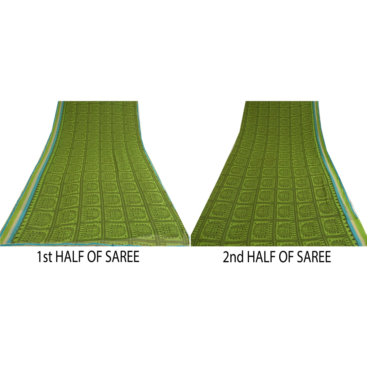 Sanskriti Vintage Sarees Green Warli Art Printed Georgette Sari 5yd Craft Sustainable Fabric