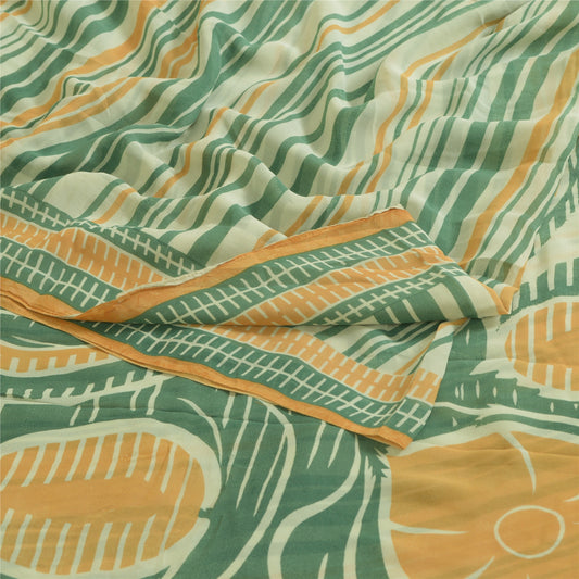 Sanskriti Vintage Sarees Green/Orange Pure Georgette Silk Print Sari CraftSustainable Fabric