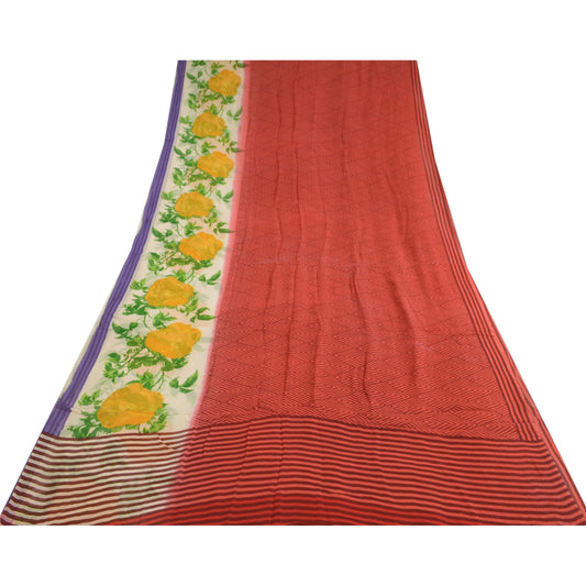 Sanskriti Vintage Sarees Red Pure Georgette Silk Printed Sari 5yd Craft Sustainable Fabric