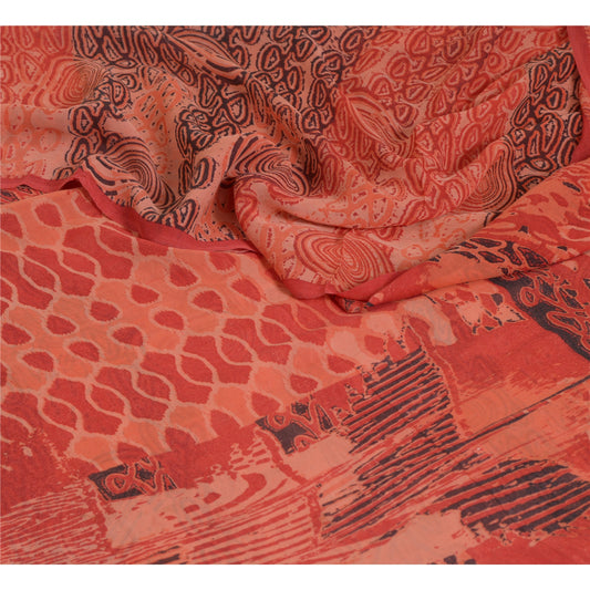 Sanskriti Vintage Sarees Red Pure Georgette Silk Printed Sari 5yd Craft Sustainable Fabric