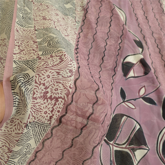 Sanskriti Vintage Sarees i mauve/sort trykt ren georgette silke sari, 6 yards bæredygtigt stof