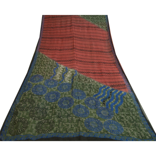 Sanskriti Vintage Sarees Rød/Grøn Ren Georgette Silke Trykt Sari Håndværk Bæredygtigt Stoff