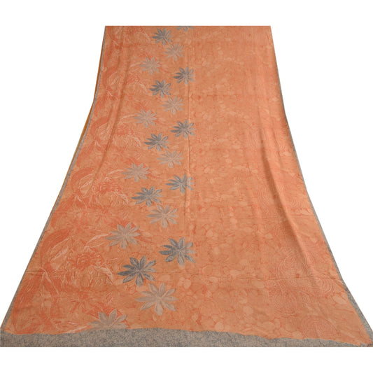 Sanskriti Vintage Sarees Peach Pure Georgette Silk Printed Sari 5yd Craft Sustainable Fabric