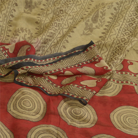 Sanskriti Vintage Sarees Cream/Red Pure Chiffon Silk Printed Sari Craft Sustainable Fabric