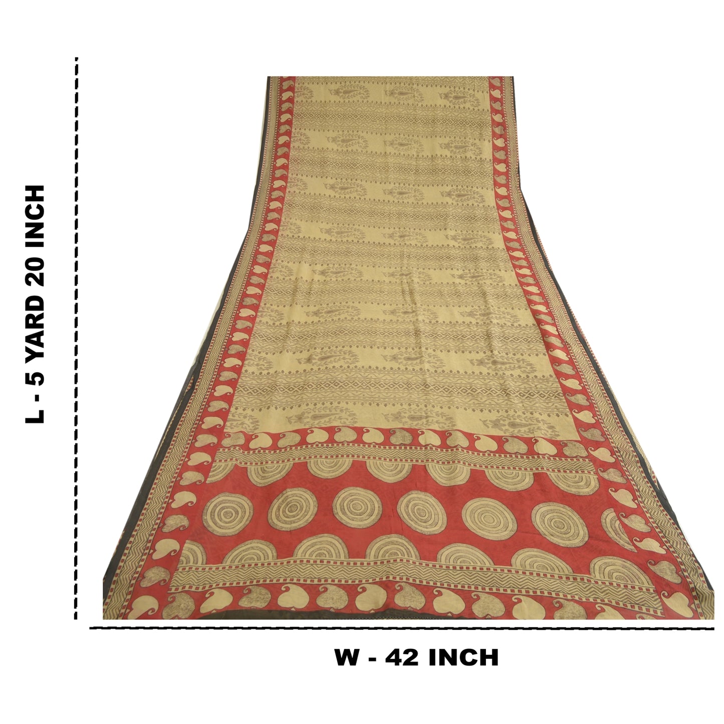 Sanskriti Vintage Sarees Cream/Red Pure Chiffon Silk Printed Sari Craft Sustainable Fabric