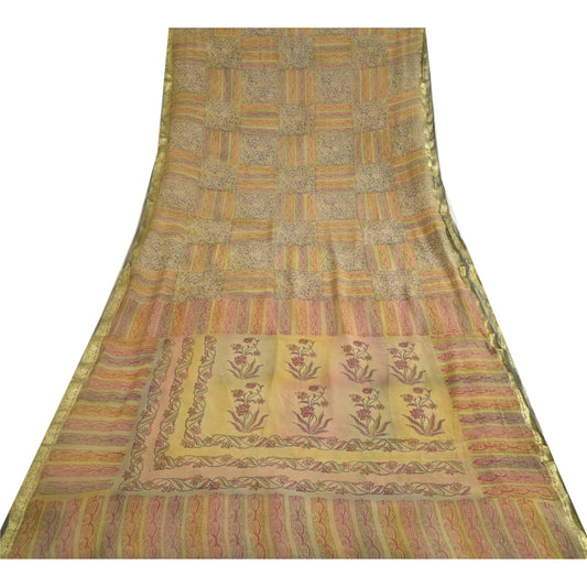 Sanskriti Vintage Sarees Multi Zari Border Print Pure Georgette Sari CraftSustainable Fabric