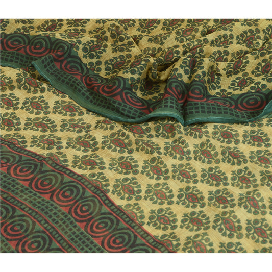 Sanskriti Vintage Sarees Green Pure Chiffon Silk Printed Sari 5yd Craft Sustainable Fabric