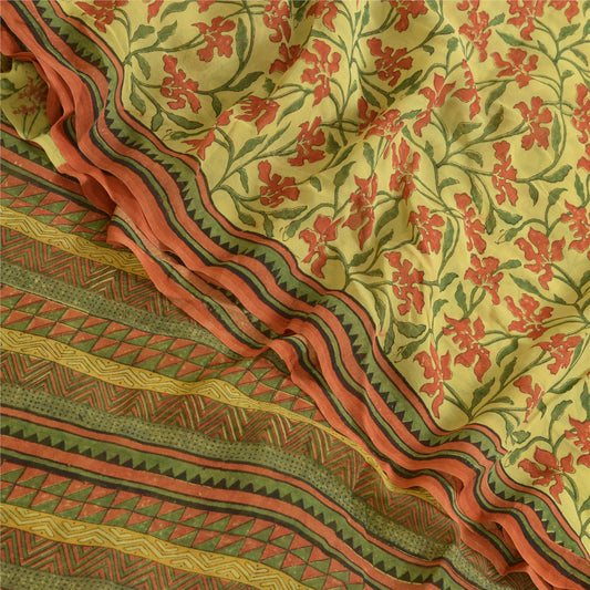 Sanskriti Vintage Sarees Green Pure Georgette Silk Printed Sari 5yd Craft Sustainable Fabric