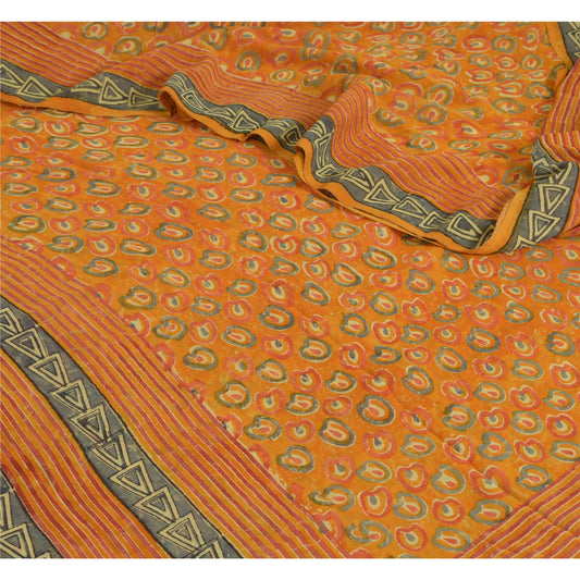 Sanskriti Vintage Sarees Orange Pure Georgette Silk Printed Sari Craft Sustainable Fabric