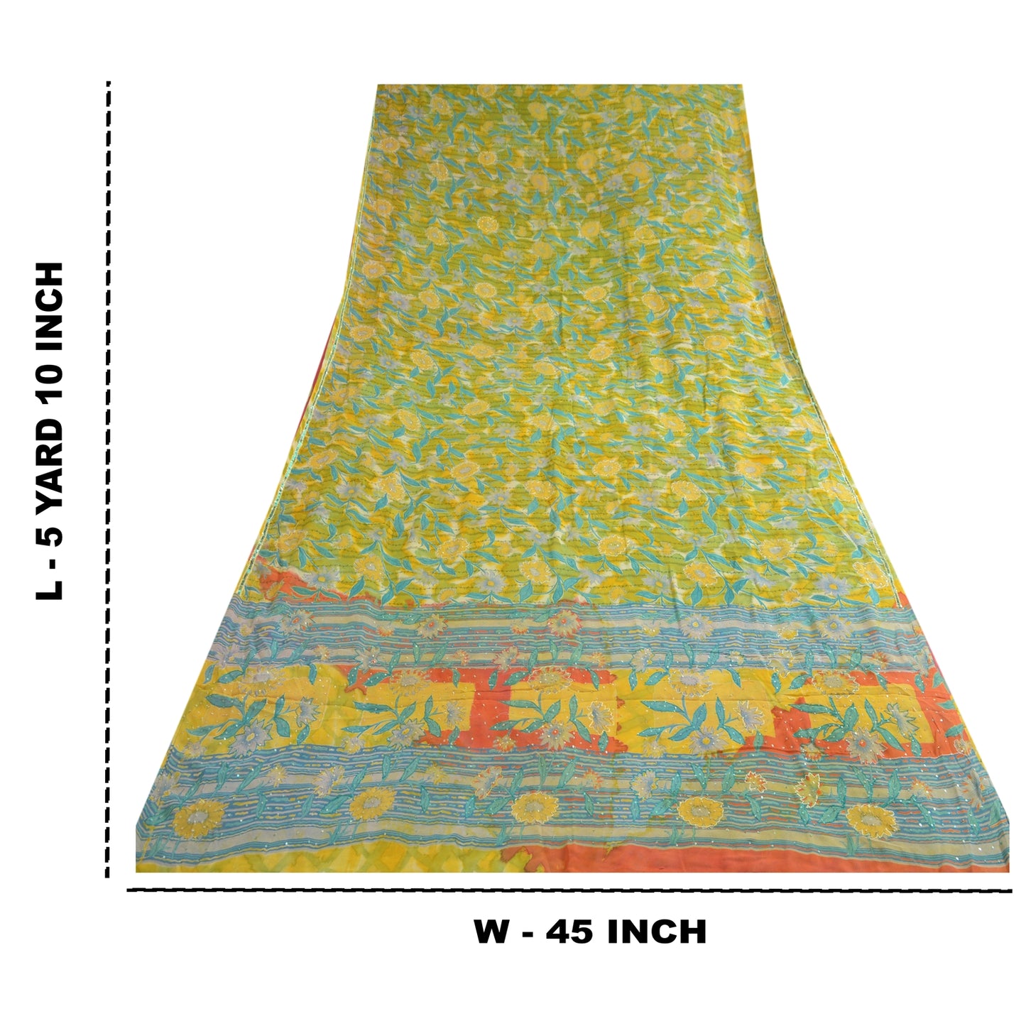 Sanskriti Vintage Sarees Yellow Hand Beaded Pure Georgette Silk Sari 5yd Sustainable Fabric