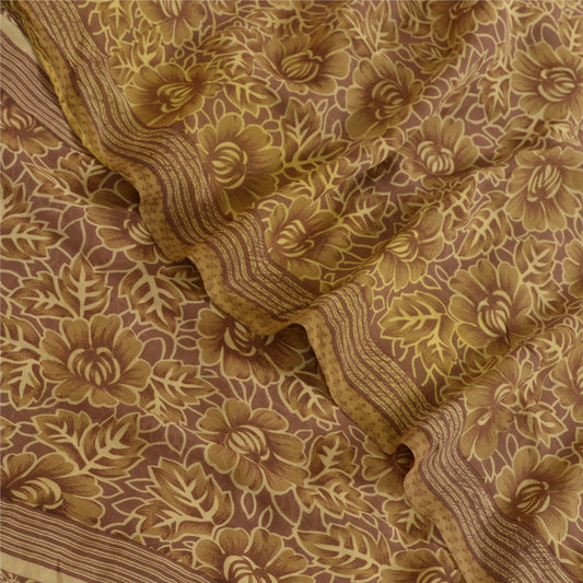 Sanskriti Vintage Sarees Brown Pure Georgette Silk Printed Sari 5yd Craft Sustainable Fabric