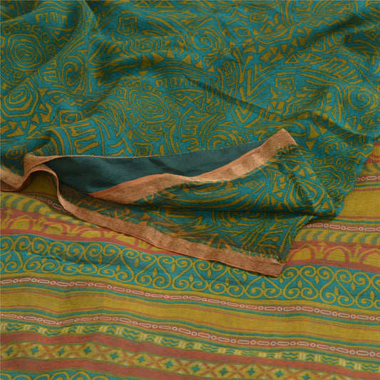 Sanskriti Vintage Sarees Green Pure Chiffon Silk Printed Sari 5yd Craft Sustainable Fabric
