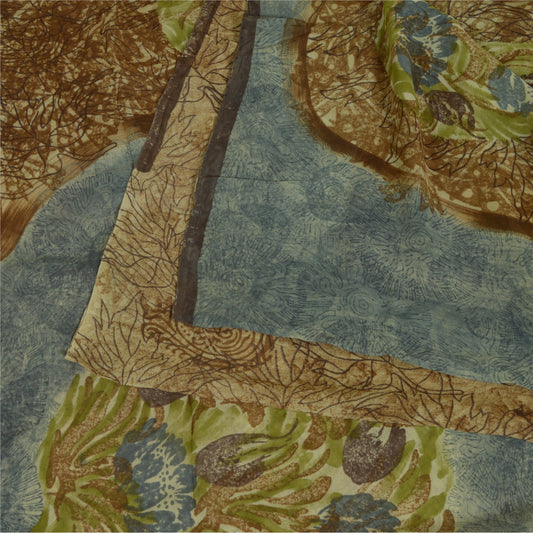 Sanskriti Vintage Sarees Brown/Blue Pure Georgette Silk Print Sari Craft Sustainable Fabric