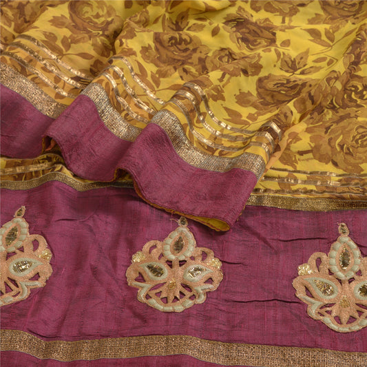 Санскритские винтажные сари горчичного цвета в стиле пэчворк из чистого шелка-жоржета с принтом из экологически чистой ткани для сари