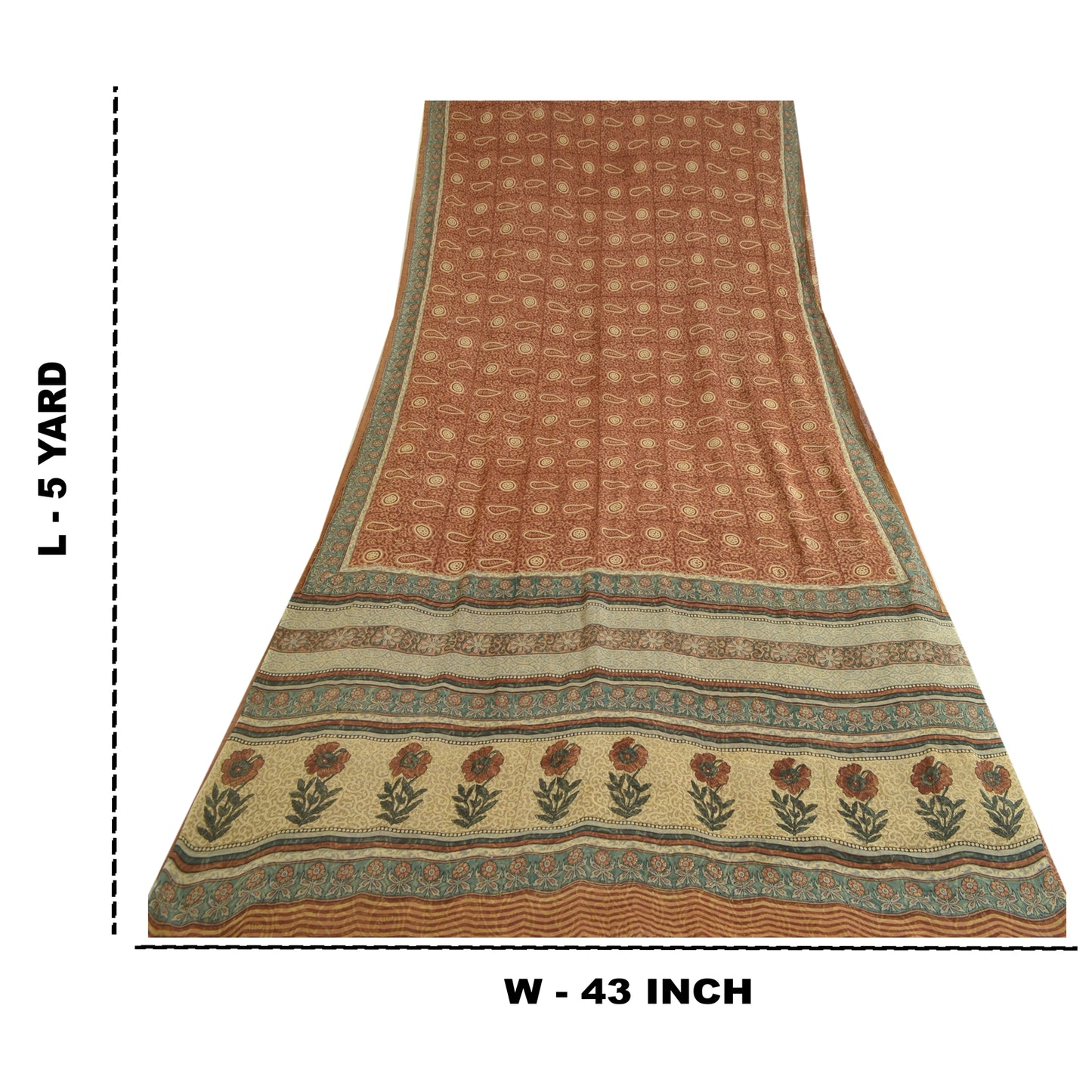 Сари из санскритского винтажного коричневого чистого шелка-жоржета с принтом 5 ярдов ткань для рукоделия из экологически чистой ткани