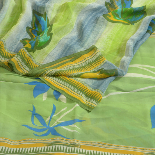 Sanskriti Vintage Sarees Green Pure Georgette Silk Printed Sari 5yd Craft Sustainable Fabric