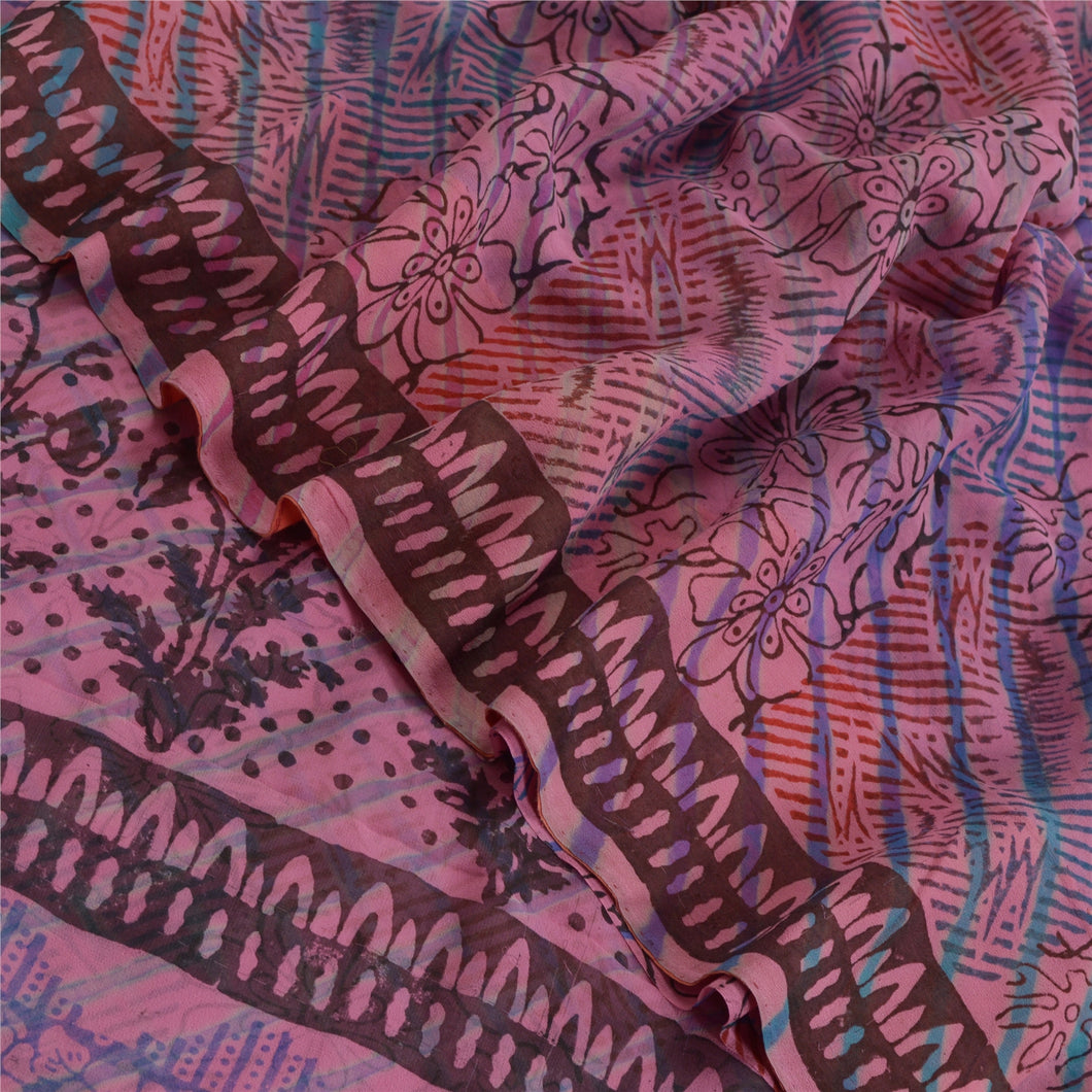 Sanskriti Vintage Sarees Pink Pure Georgette Silk Printed Sari 5yd Craft Fabric
