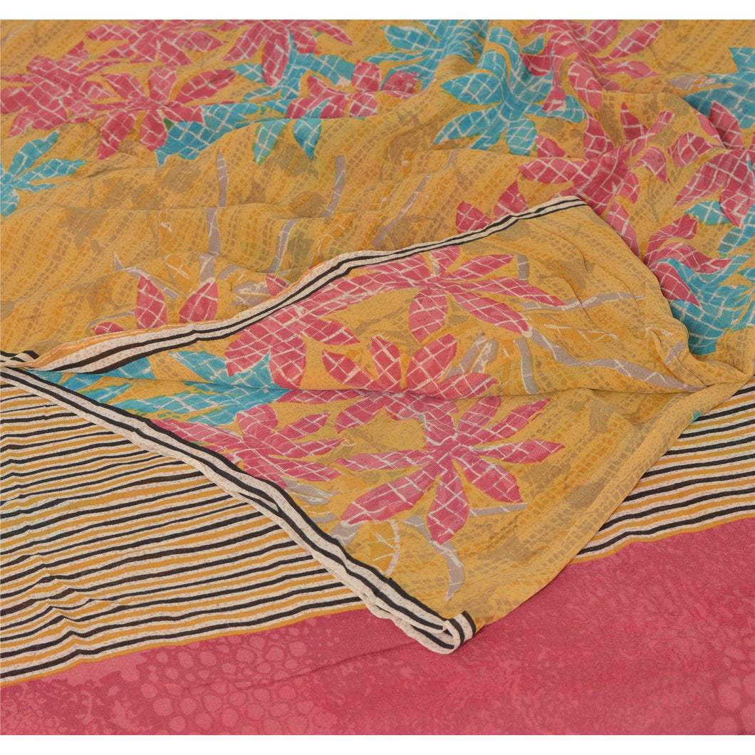 Sanskriti Vintage Yellow Saree Pure Georgette Silk Printed 5 Yd Sari Craft Fabri