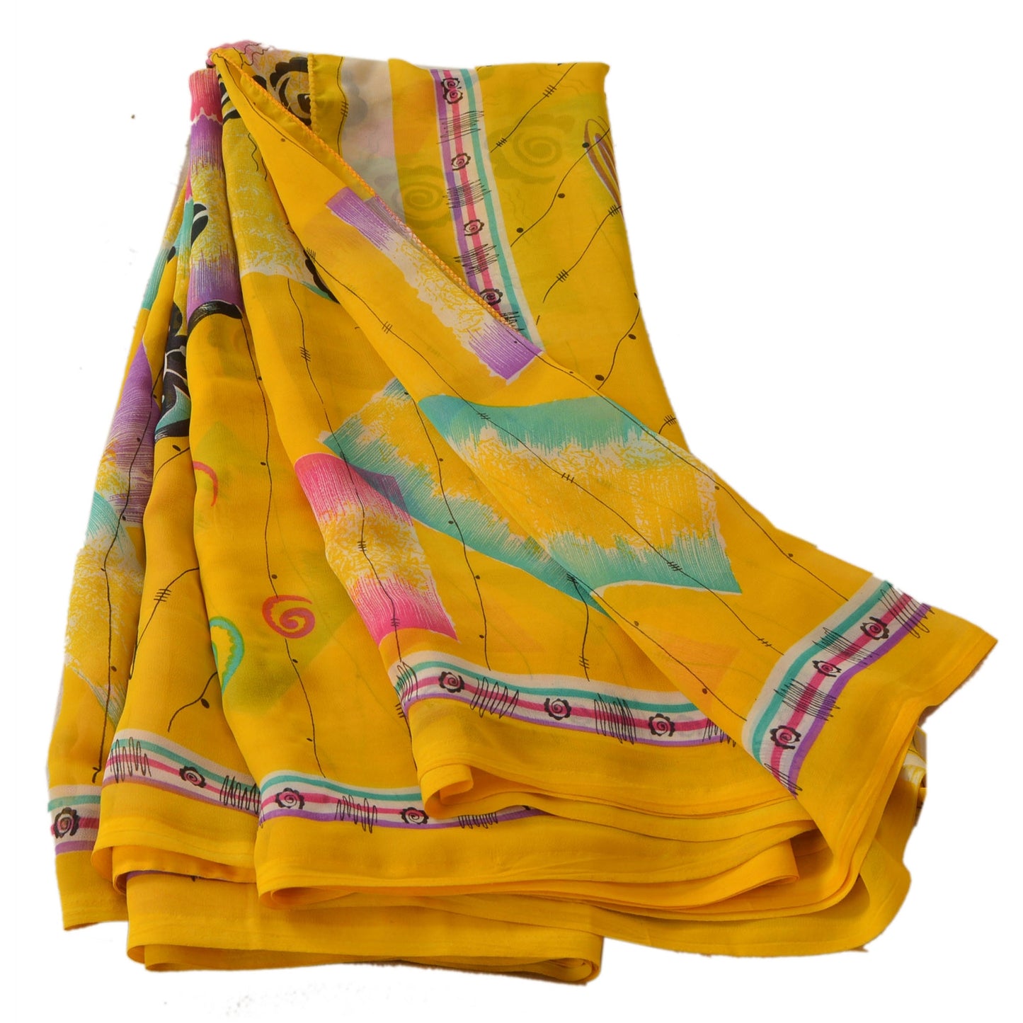 Sanskriti Vintage Gule Sarier Blandet Georgette Trykt Sari Håndværk 5 Yard Bæredygtigt Stof