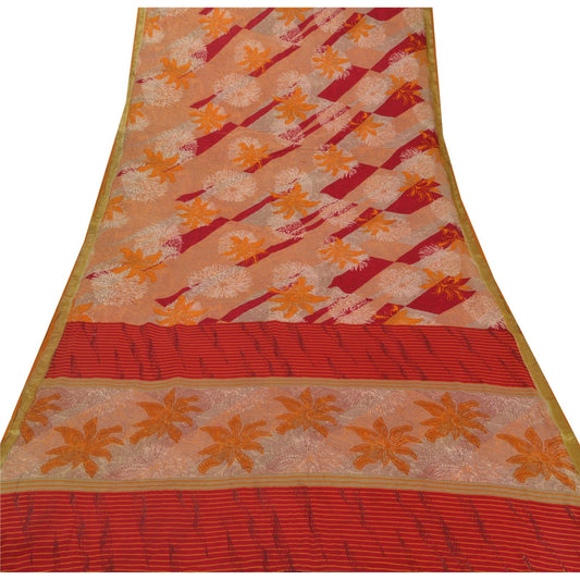Sanskriti VintageRed Saree Pure Silk Printed Zari Border Sari Craft Soft Sustainable Fabric