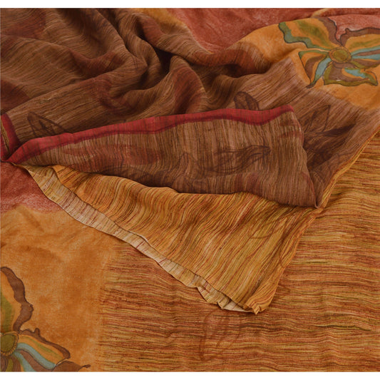 Sanskriti Vintage 100% Pure Georgette Silk Saffron & Brown Printed Saree 5 Yd Craft Supplies Fabric Decor, Women Floral Outfit, Scrap