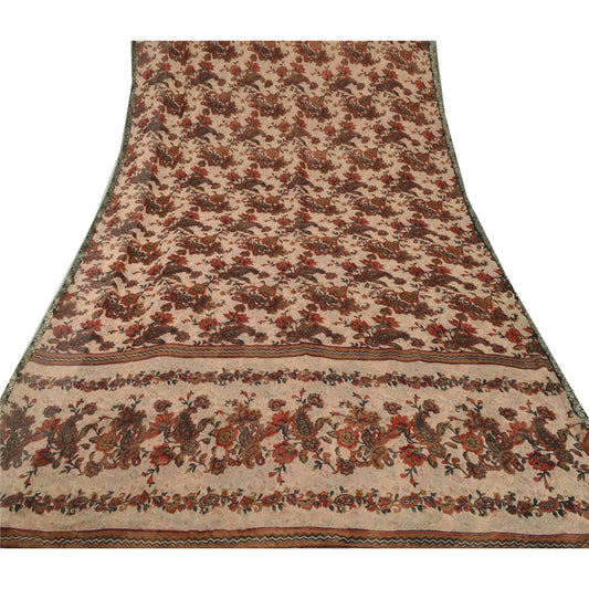 Sanskriti Vintage Cream Saree Georgette Printed Sari 5 Yard Decor Craft Sustainable Fabric