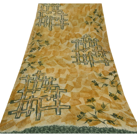 Sanskriti Vintage Cream Saree Blend Georgette Printed Sari 5 Yard Craft Sustainable Fabric
