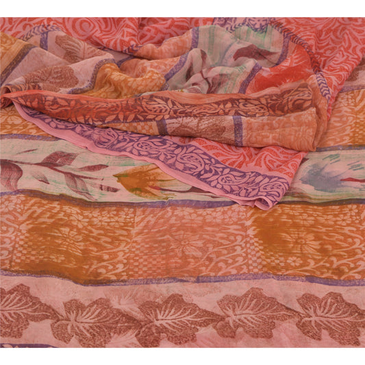 Sanskriti Vintage 100% Pure Georgette Silk Indian Red Saree Printed 5Yd Craft Remnant Fabric Home Decor, Women Floral Outfit, Silk Scrap