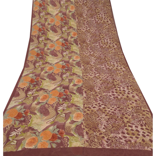 Sanskriti Vintage Brown Saree Pure Georgette Silk Printed Sari Soft Craft Sustainable Fabric