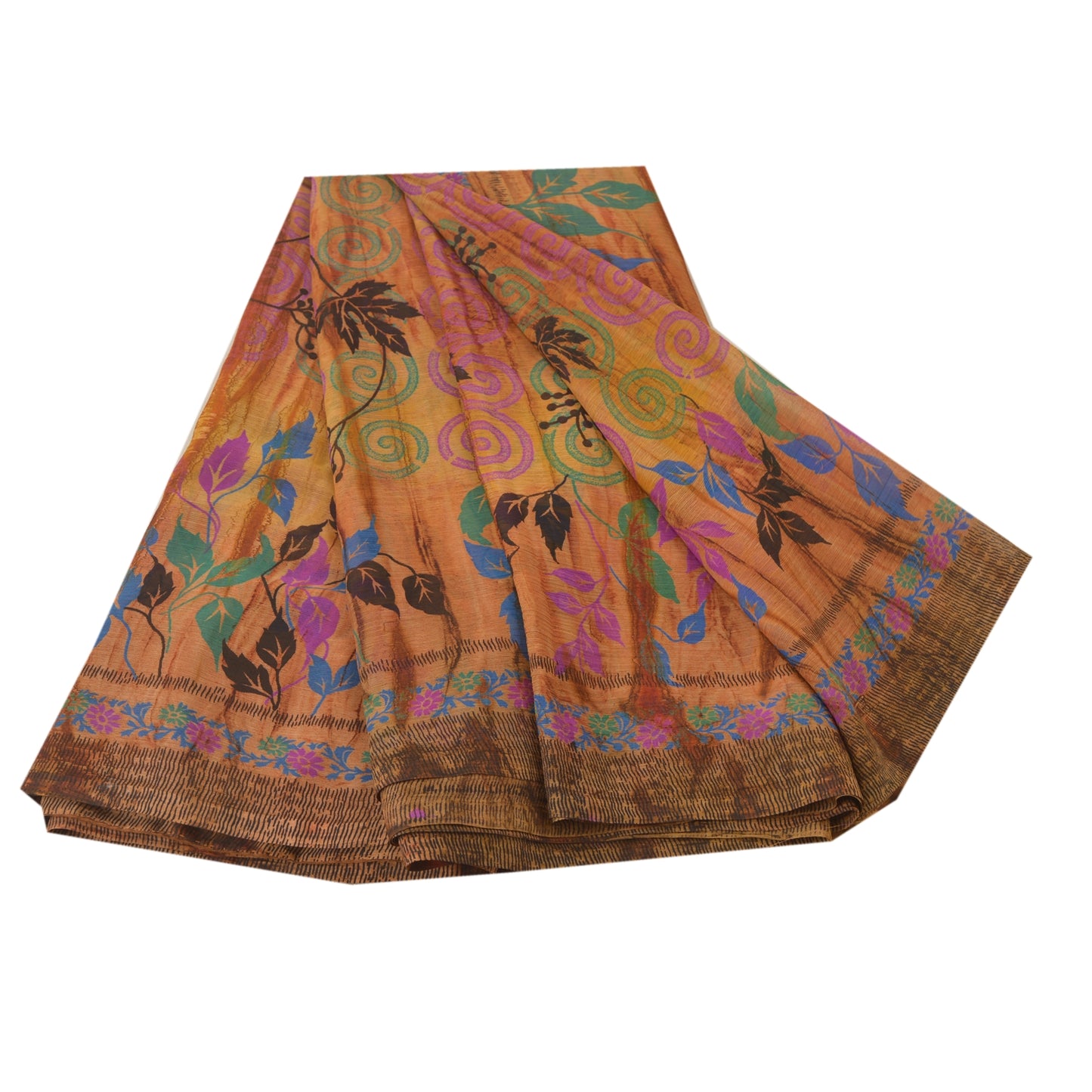 Sanskriti Vintage Saffron Saree Printed Sari Georgette Soft Craft 5 Yd Sustainable Fabric