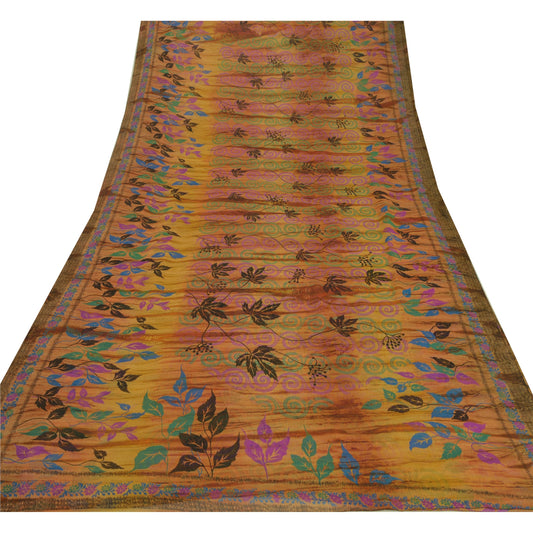 Sanskriti Vintage Saffron Saree Printed Sari Georgette Soft Craft 5 Yd Sustainable Fabric