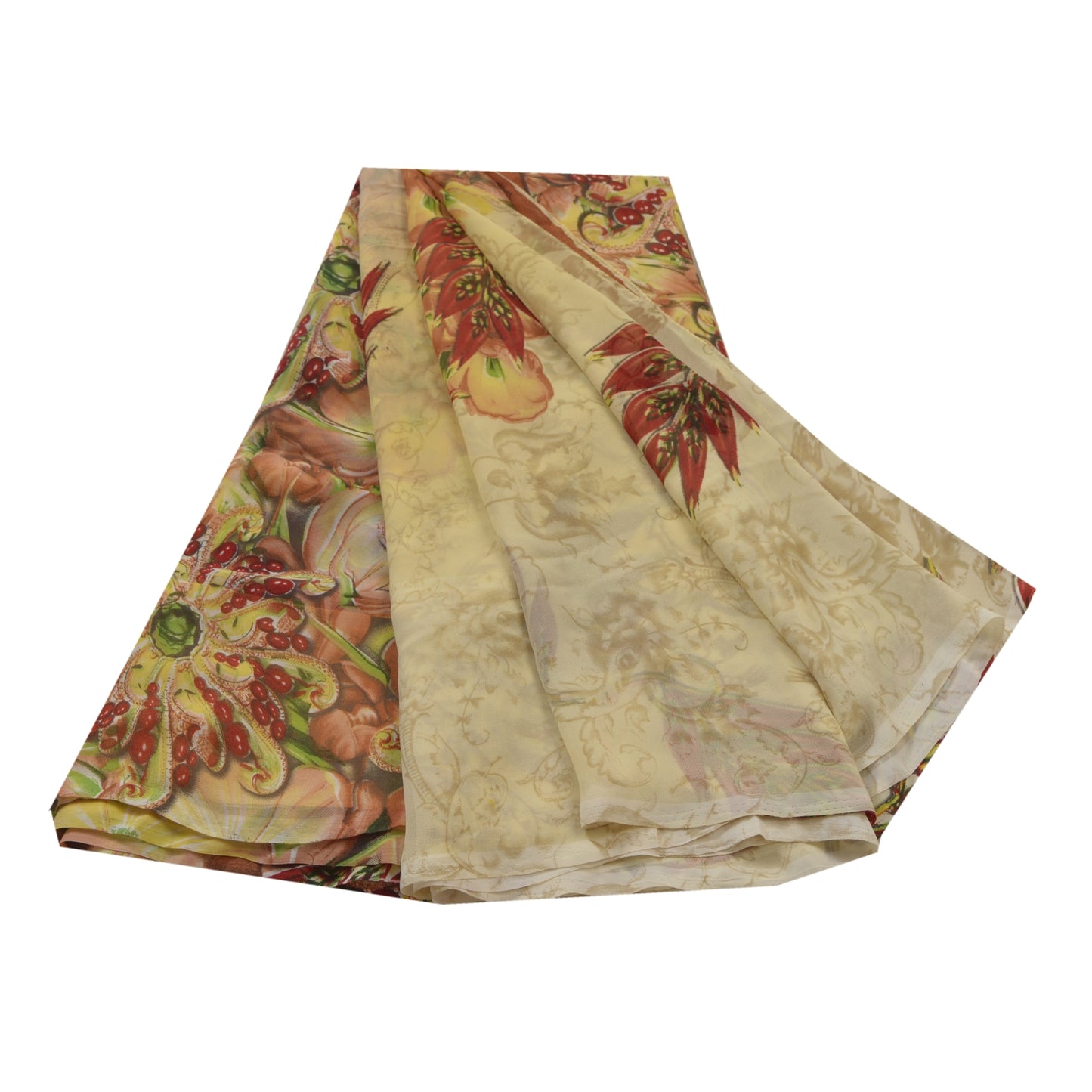 Sanskriti Vintage Cream Digital Printed Saree Georgette Sari 5 Yard Craft Sustainable Fabric