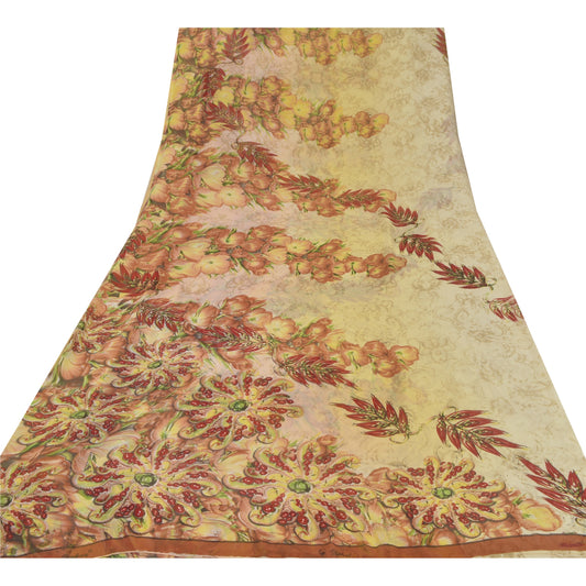 Sanskriti Vintage Cream Digital Printed Saree Georgette Sari 5 Yard Craft Sustainable Fabric